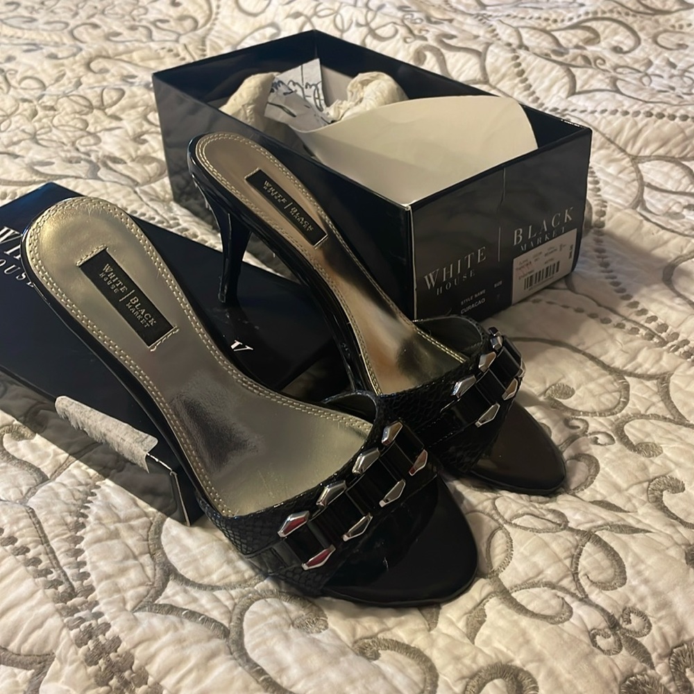 White House Black Market Curacao Black High Heel Slide Chain Link Sandals